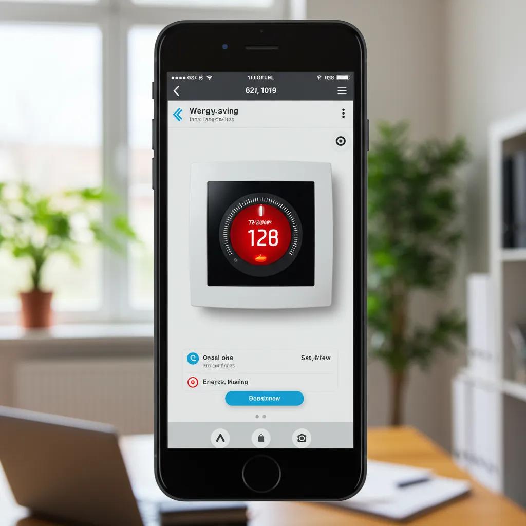 Smart thermostat app showcasing energy-saving features in a modern home office setting