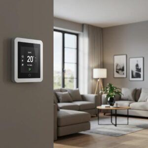 Smart thermostat in a stylish living room, highlighting energy efficiency and modern home comfort