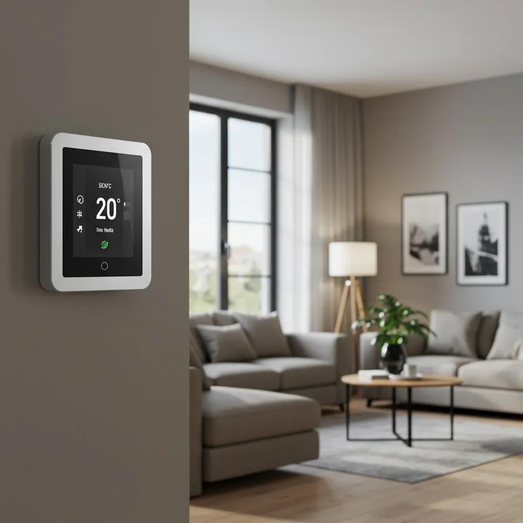 Smart thermostat in a stylish living room, highlighting energy efficiency and modern home comfort