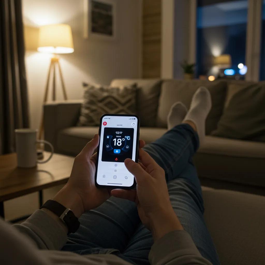 User controlling a smart thermostat via smartphone in a cozy living room, emphasizing convenience and comfort