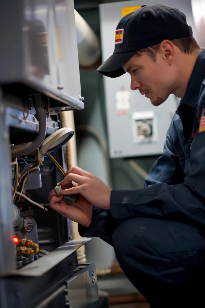 Common Furnace Problems and How to Fix Them Efficiently 2 Technician inspecting a furnace, highlighting the importance of addressing unusual noises