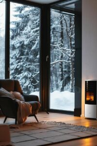 Cozy home interior with a modern furnace, illustrating warmth and comfort during winter