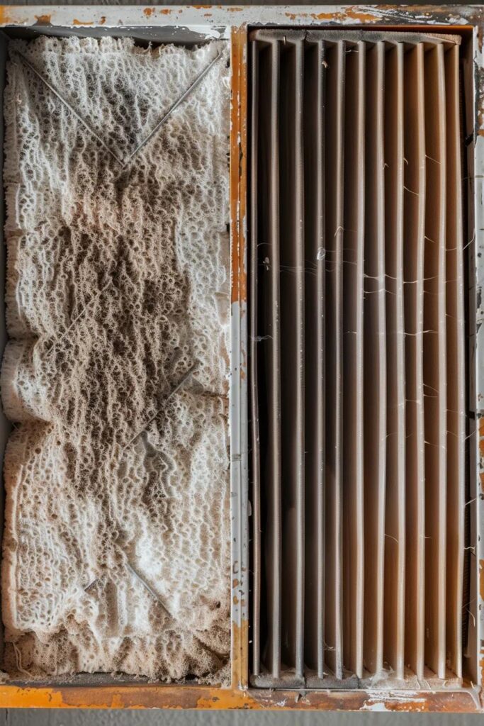 Common Furnace Problems and How to Fix Them Efficiently 1 Comparison of a dirty and clean furnace filter, emphasizing airflow issues in heating