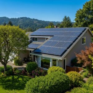 Residential home with solar panels on the roof in a sunny landscape, emphasizing sustainability